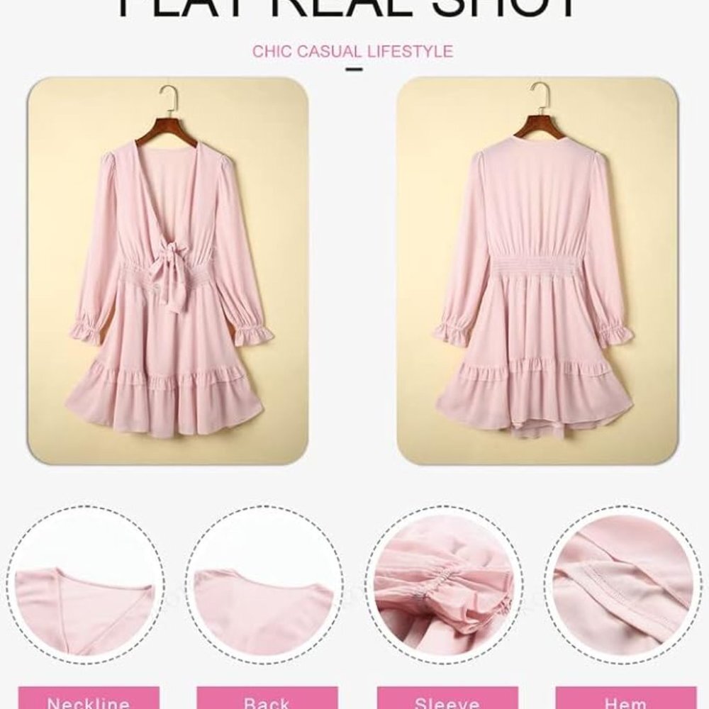 Dokotoo Womens 2023 Summer Deep V Neck Knotted Tiered Chiffon Elegant Mini Short - Picture 3 of 3